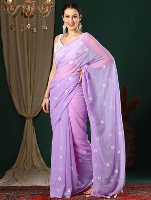 Lavender floral embroidered designer saree with blouse piece 2