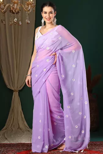 Lavender floral embroidered designer saree with blouse piece