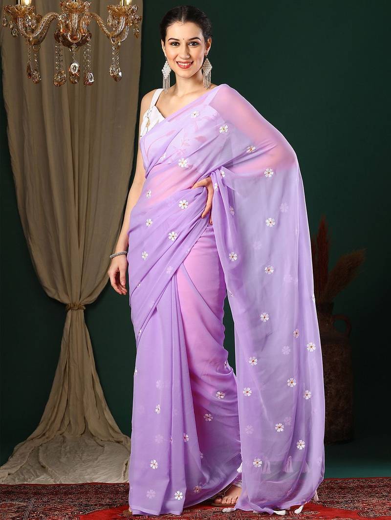Lavender floral embroidered designer saree with blouse piece