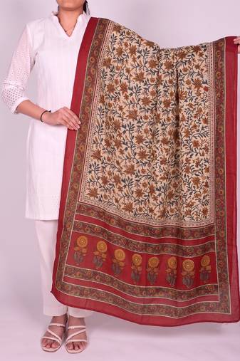 Women's beige cotton blend floral printed dupatta | stylish ethnic wear scarf for women | traditional & festive wear