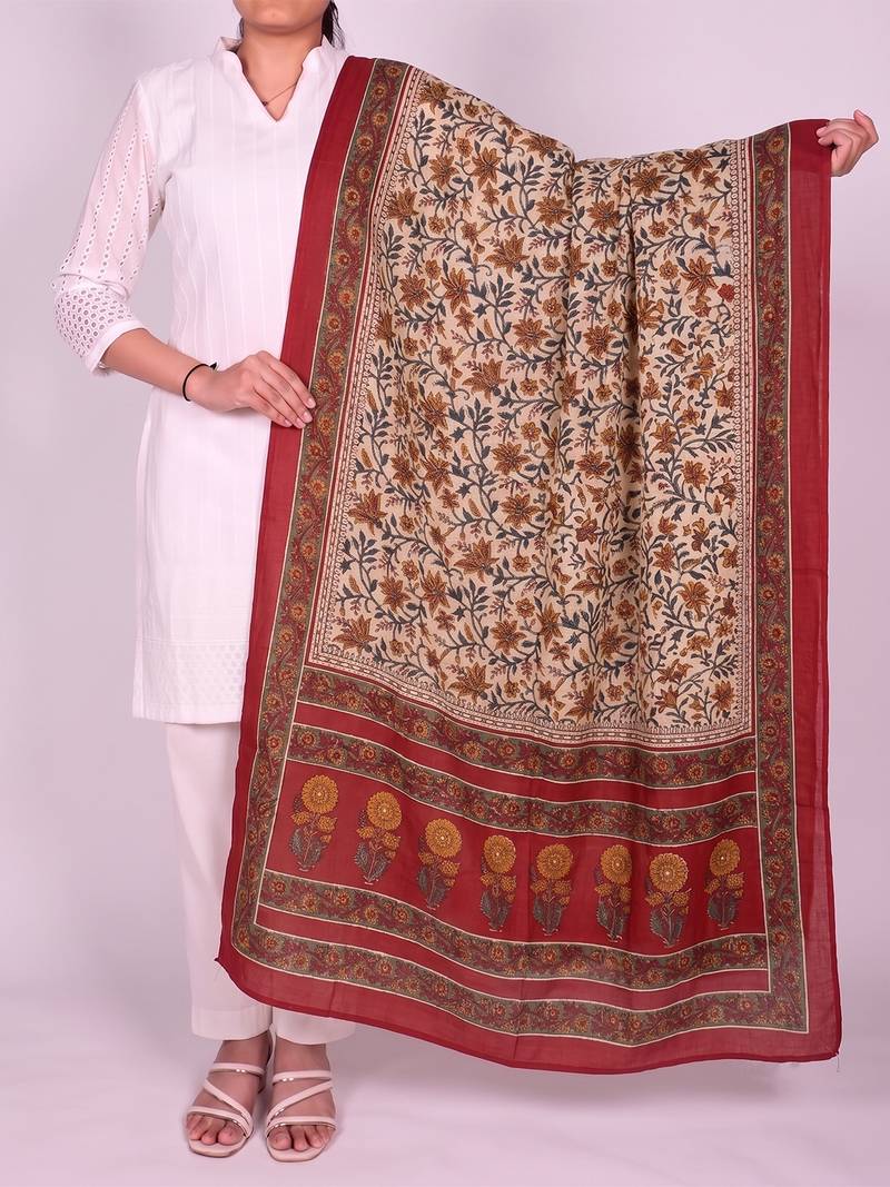 Women's beige cotton blend floral printed dupatta | stylish ethnic wear scarf for women | traditional & festive wear