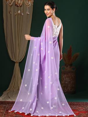 Lavender floral embroidered designer saree with blouse piece 3