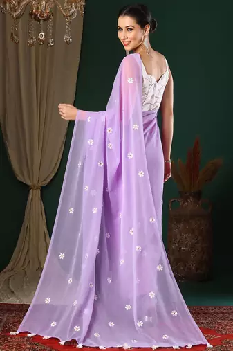 Lavender floral embroidered designer saree with blouse piece