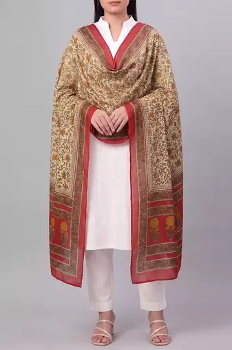 Women's beige cotton blend floral printed dupatta | stylish ethnic wear scarf for women | traditional & festive wear