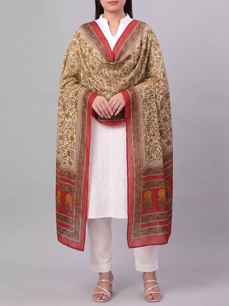 Women's beige cotton blend floral printed dupatta | stylish ethnic wear scarf for women | traditional & festive wear