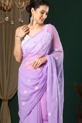 Lavender floral embroidered designer saree with blouse piece