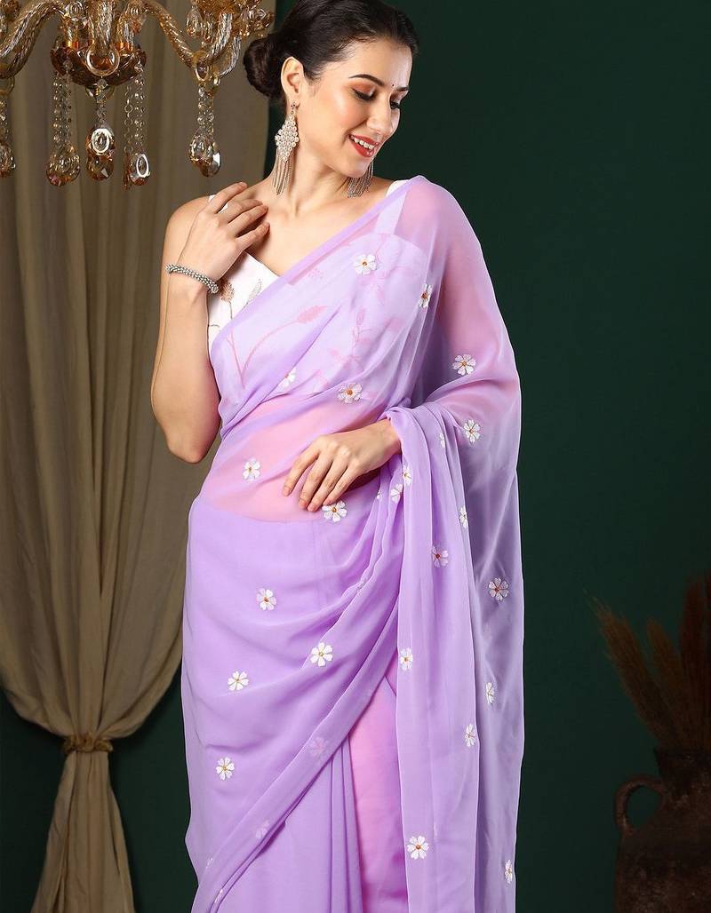 Lavender floral embroidered designer saree with blouse piece