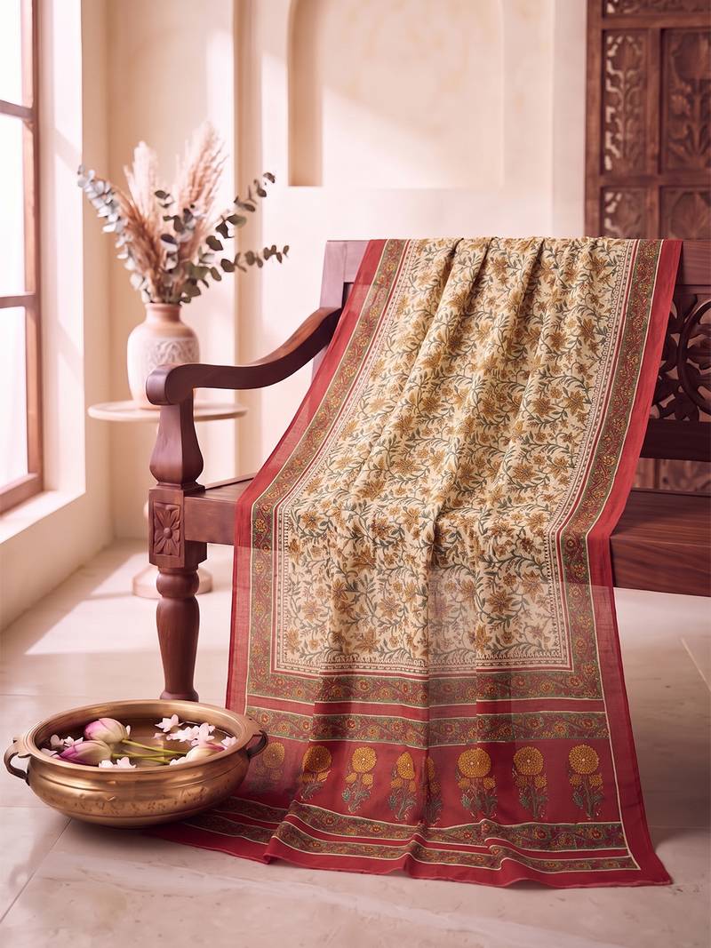 Women's beige cotton blend floral printed dupatta | stylish ethnic wear scarf for women | traditional & festive wear