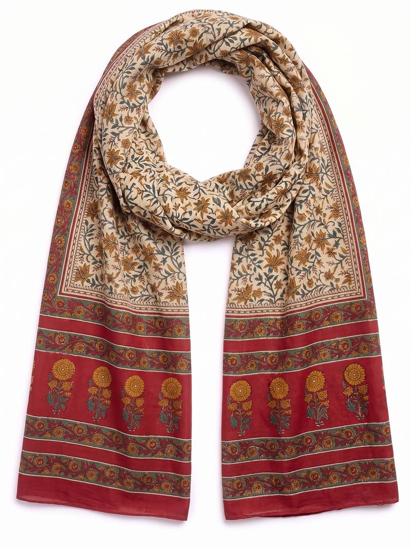 Women's beige cotton blend floral printed dupatta | stylish ethnic wear scarf for women | traditional & festive wear