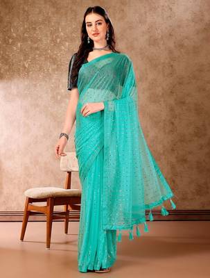 Green embellished beads and stones saree 1