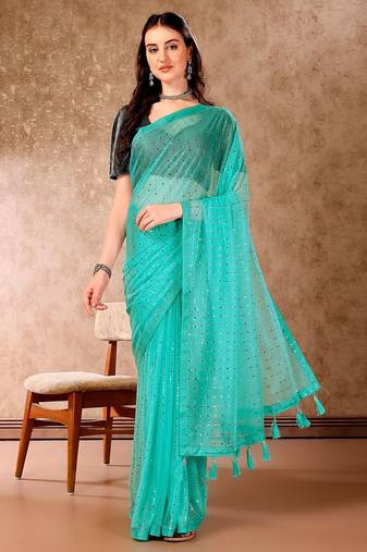 Green embellished beads and stones saree