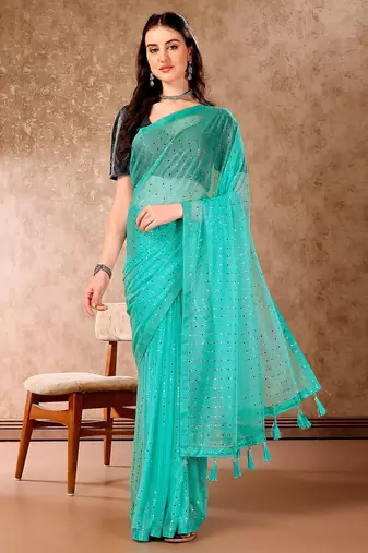 Green embellished beads and stones saree