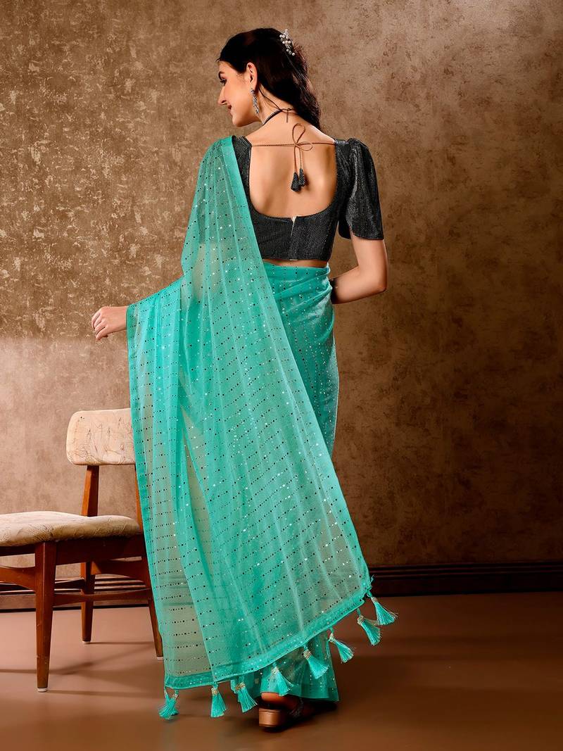 Green embellished beads and stones saree