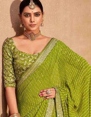 Green striped embroidered pure georgette leheriya saree 1