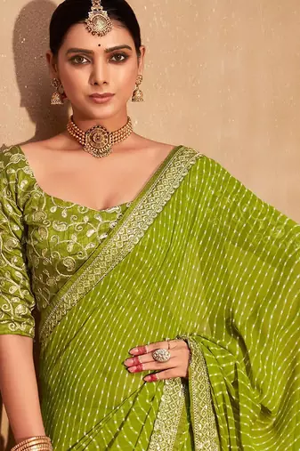 Green striped embroidered pure georgette leheriya saree