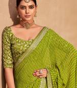 Green striped embroidered pure georgette leheriya saree
