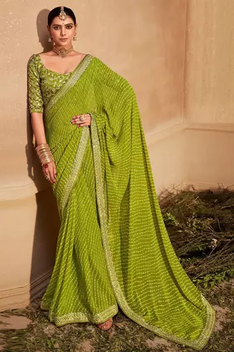 Green striped embroidered pure georgette leheriya saree