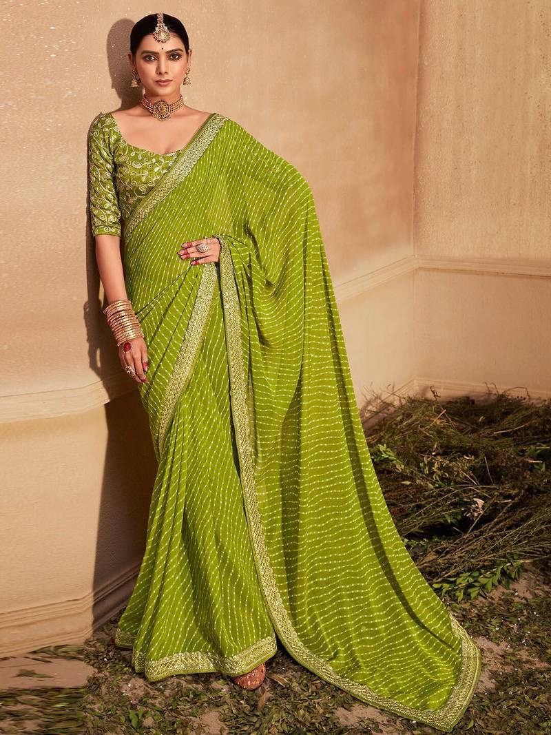 Green striped embroidered pure georgette leheriya saree