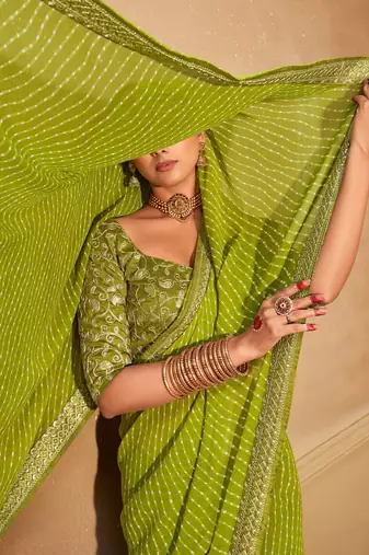 Green striped embroidered pure georgette leheriya saree