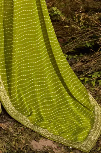 Green striped embroidered pure georgette leheriya saree