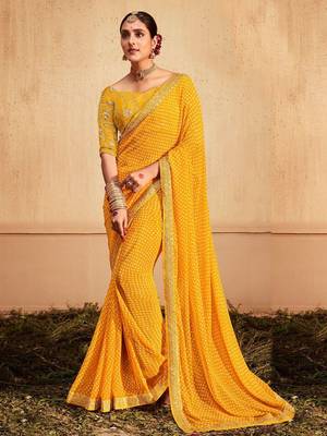 Yellow printed sequinned poly georgette bandhani saree 2