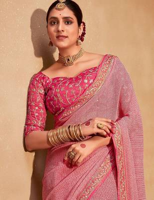 Pink striped embroidered pure georgette leheriya saree 1