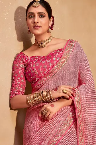 Pink striped embroidered pure georgette leheriya saree
