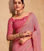 Pink striped embroidered pure georgette leheriya saree