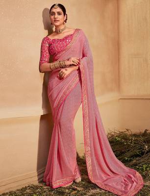 Pink striped embroidered pure georgette leheriya saree 2