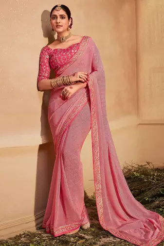 Pink striped embroidered pure georgette leheriya saree
