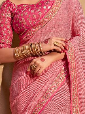 Pink striped embroidered pure georgette leheriya saree 3