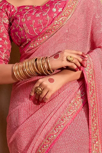 Pink striped embroidered pure georgette leheriya saree