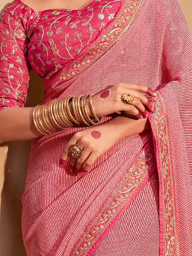 Pink striped embroidered pure georgette leheriya saree