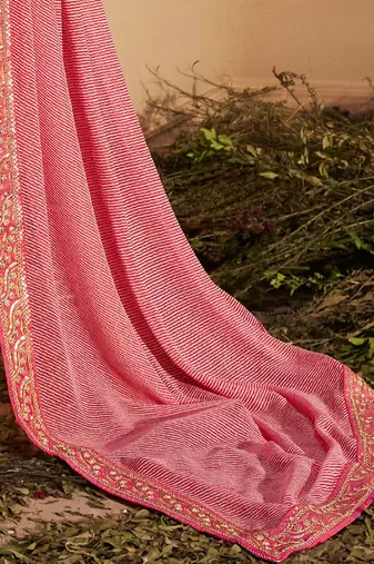 Pink striped embroidered pure georgette leheriya saree