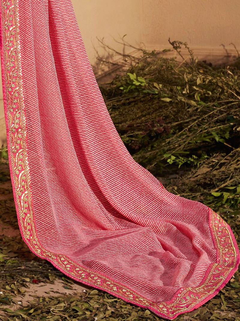 Pink striped embroidered pure georgette leheriya saree
