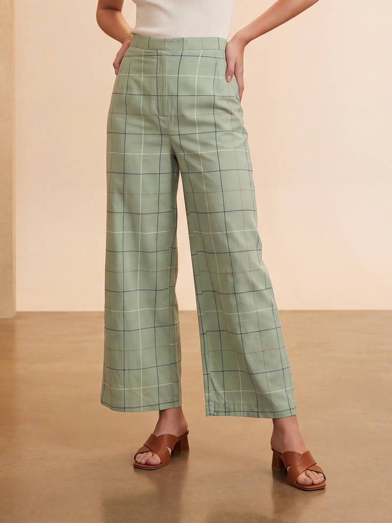 Women's green cotton blend trouser | geometric printed stylish ethnic wear bottoms | trendy casual & everyday wear