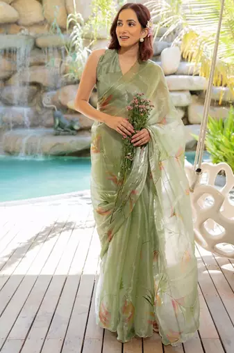 Olive floral printed jimmy choo organza saree