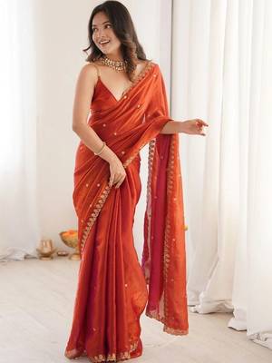 Rust ethnic motifs embroidered bagh saree 1
