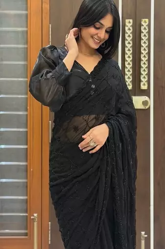 Black woven design pure georgette fusion saree