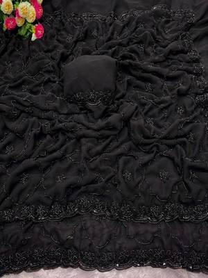 Black woven design pure georgette fusion saree 4