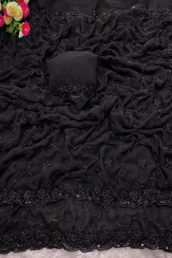 Black woven design pure georgette fusion saree