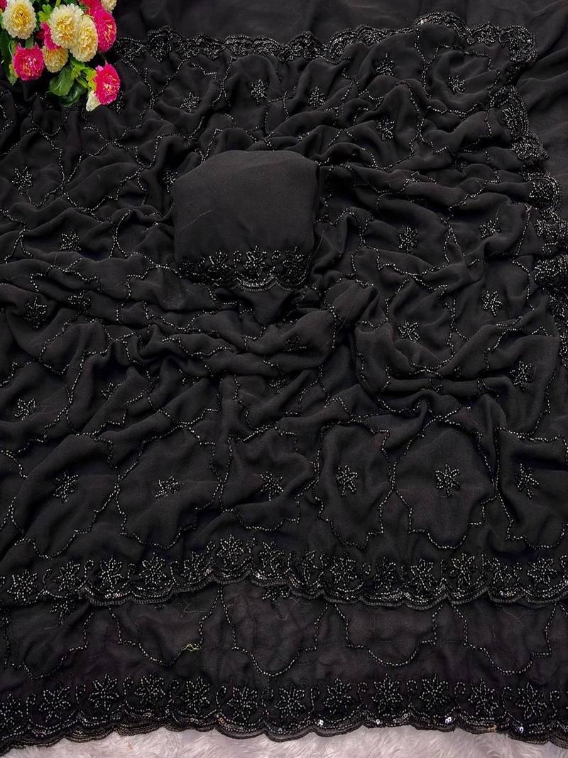 Black woven design pure georgette fusion saree