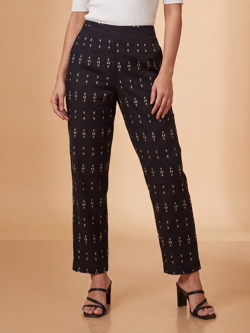 Women's black cotton blend trouser | geometric printed stylish ethnic wear bottoms | trendy casual & everyday wear