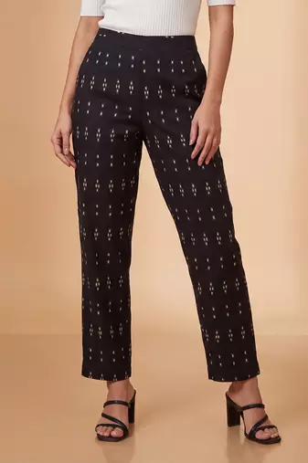 Women's black cotton blend trouser | geometric printed stylish ethnic wear bottoms | trendy casual & everyday wear