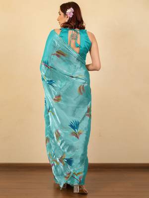 Turquoise floral organza saree 3