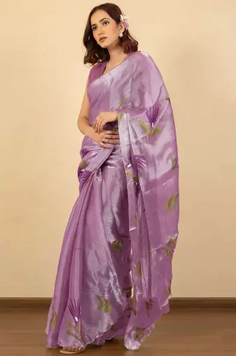 Lavender floral printed embellished jimmy choo organza saree
