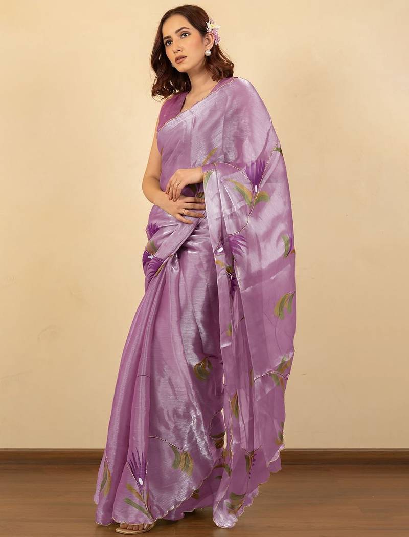 Lavender floral printed embellished jimmy choo organza saree