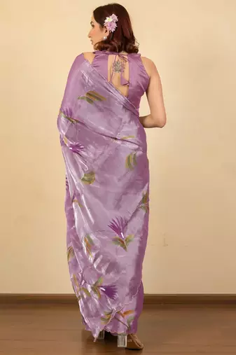Lavender floral printed embellished jimmy choo organza saree