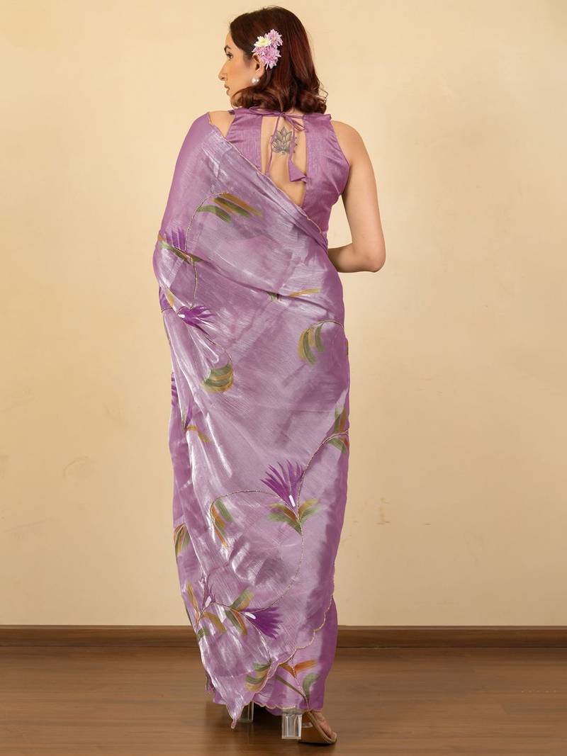Lavender floral printed embellished jimmy choo organza saree