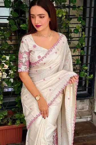 Off white floral embroidered designer tussar saree